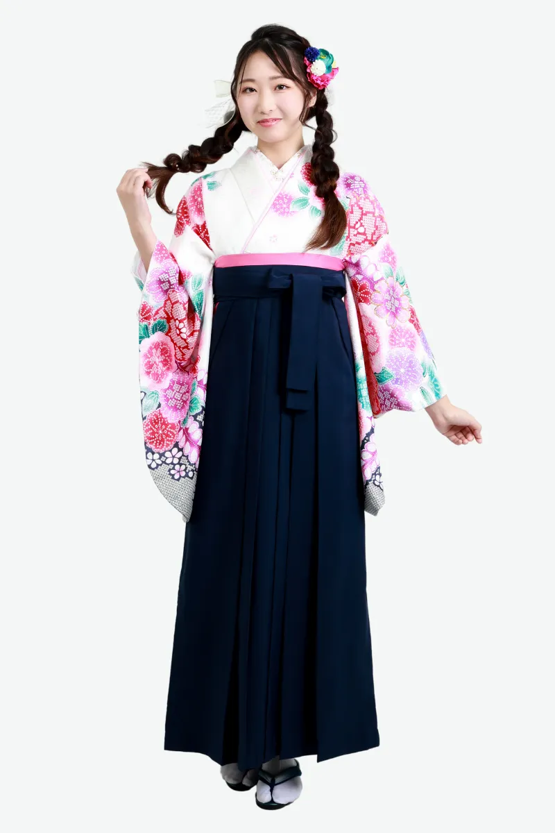 【卒業式袴宅配ネットレンタル/コーデ/古典/通販レンタル】かわいいガーリー(オシャレ)　白/ピンク/紺　AA9298_KON006