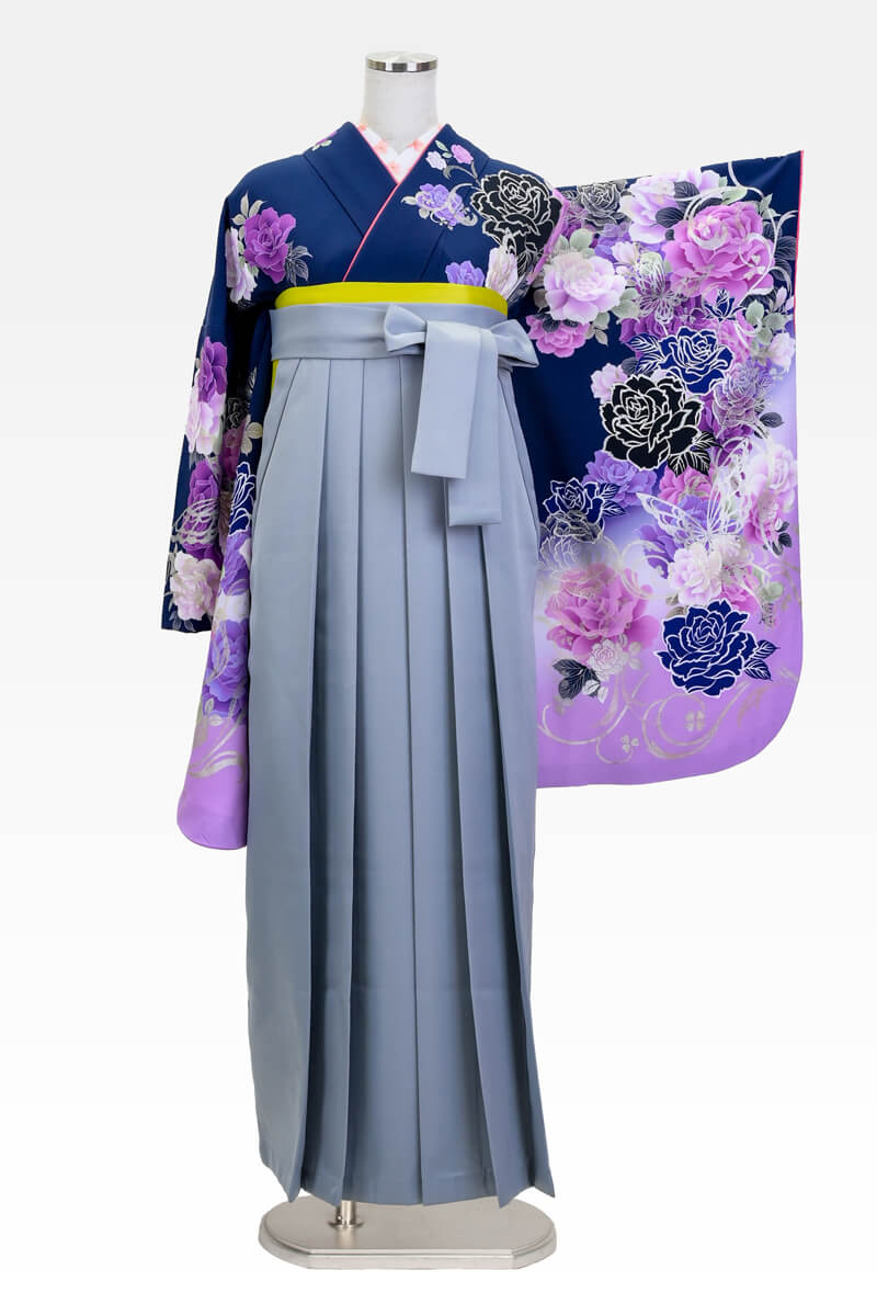 【着物】白地市松に椿と扇+【袴】紫サクラ小紋