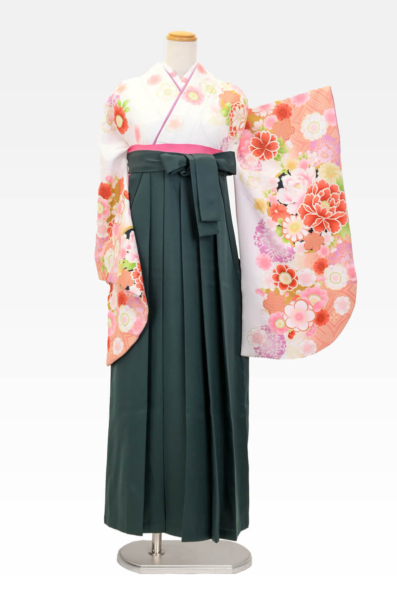 【着物】OU　白地　春花+【袴】フカミドリ