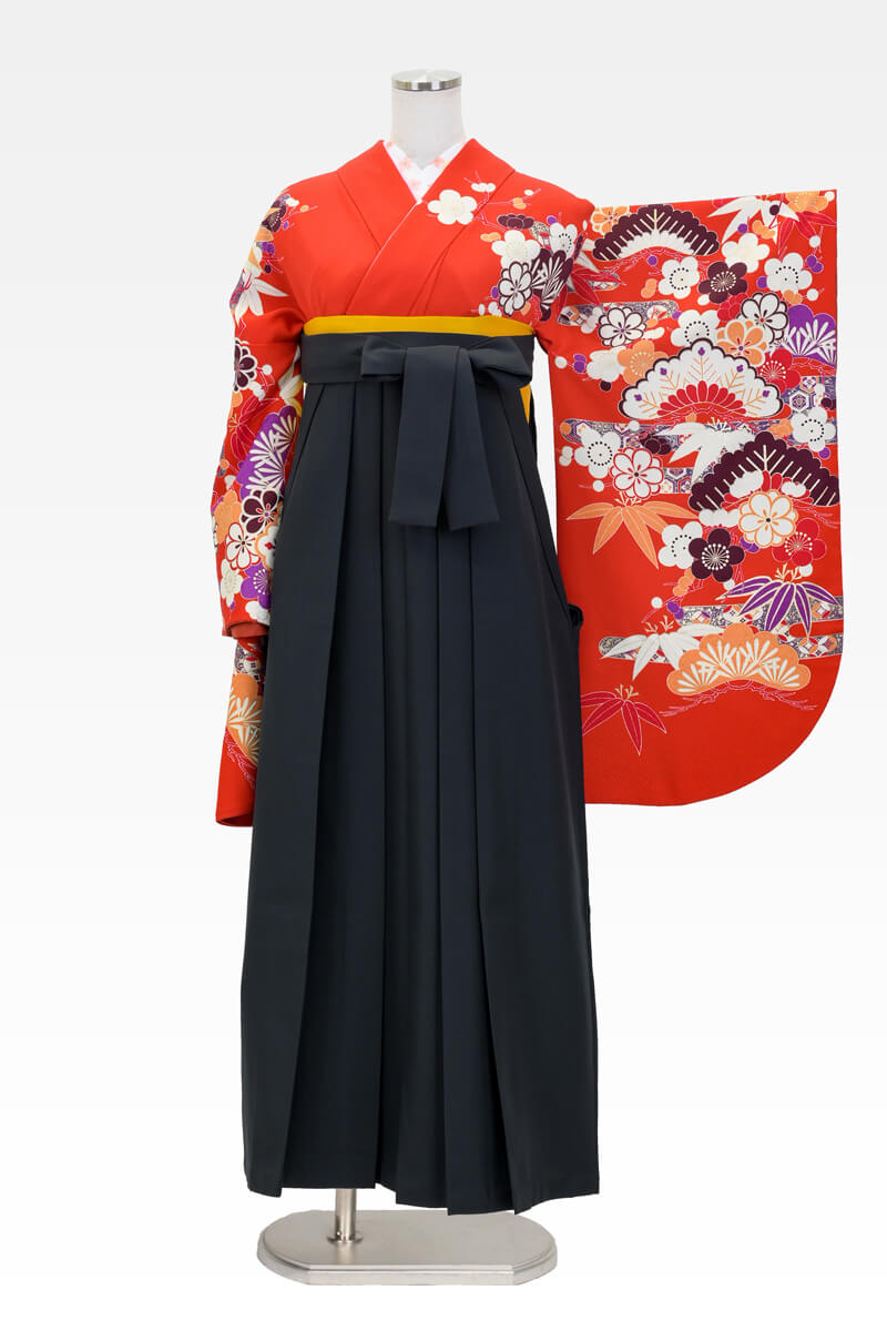 【卒業式袴宅配ネットレンタル/コーデ/古典/通販レンタル】大人っぽい松竹梅クール華やか（オシャレ)　赤/黒　AA9318_KUR003