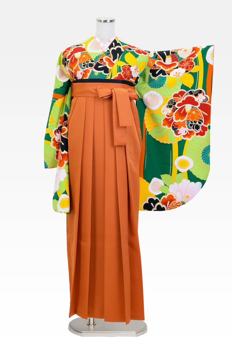 【卒業式袴宅配ネットレンタル/人気/通販レンタル】個性的古典レトロ椿柄菊柄(オシャレ)　緑/オレンジ　BBB464_ORG010