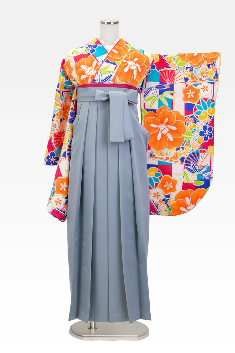 【卒業式袴宅配ネットレンタル/コーデ/レトロ/通販レンタル】個性的ポップかわいい椿モダン（オシャレ)　オレンジ/白/ピンク/グレー　CCC569_WHG019
