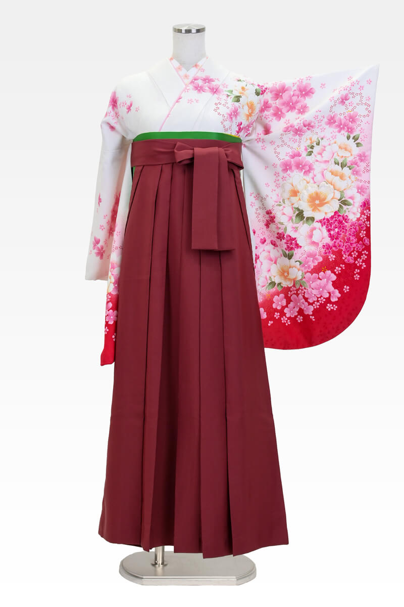 【着物】白・赤刺繍山桜+【袴】エンジ