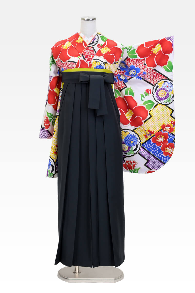 【卒業式袴宅配ネットレンタル/人気/通販レンタル】個性的大人っぽいレトロ椿柄(オシャレ)　白/赤/黒　EEE947_KUR003